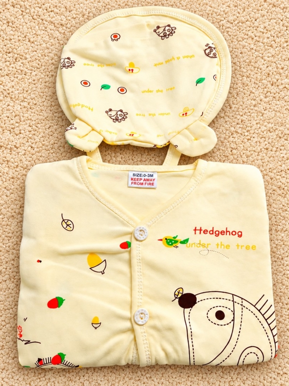 Baby One-Piece Romper with Matching Hat - Yellow Hedgehog Print